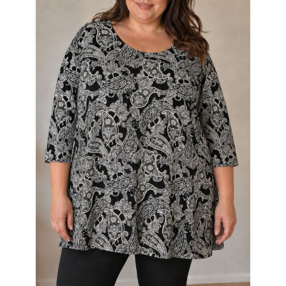 Roaman's 3X Black White Paisley Cotton Long Sleeve Swing Tunic Top Plus Size